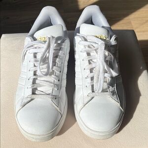 Adidas White Sneakers with Gold Accents